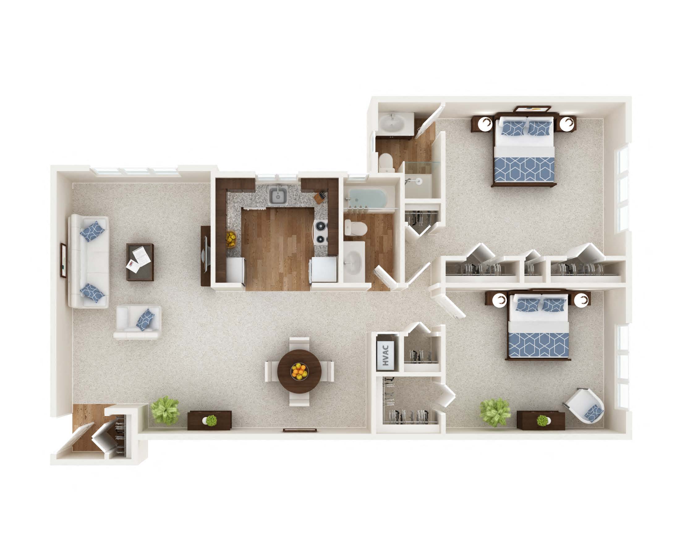 Floor plan for 2 beds, 2 baths, 1300 sqft